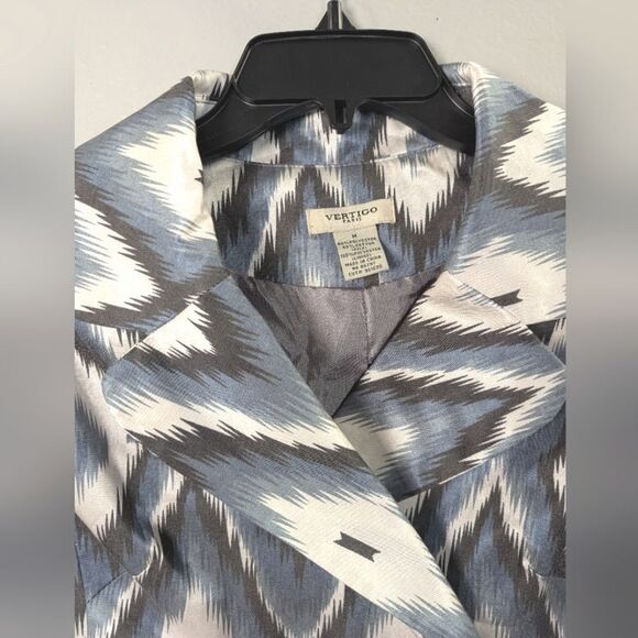 Vertigo Paris Blue Gray Ikat chevron zigzag print trench coat belted jacket M - Picture 4 of 8